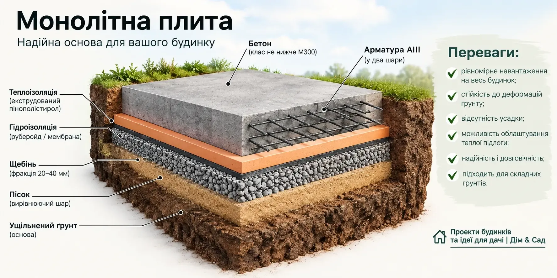 Монолітна плита: шари основи, гідроізоляція, теплоізоляція, арматура у два шари та переваги плити