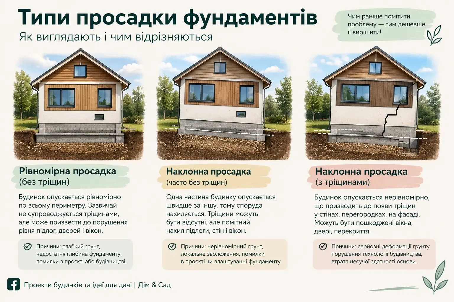 Типи просадки фундаментів: рівномірна, похила без тріщин і похила з тріщинами