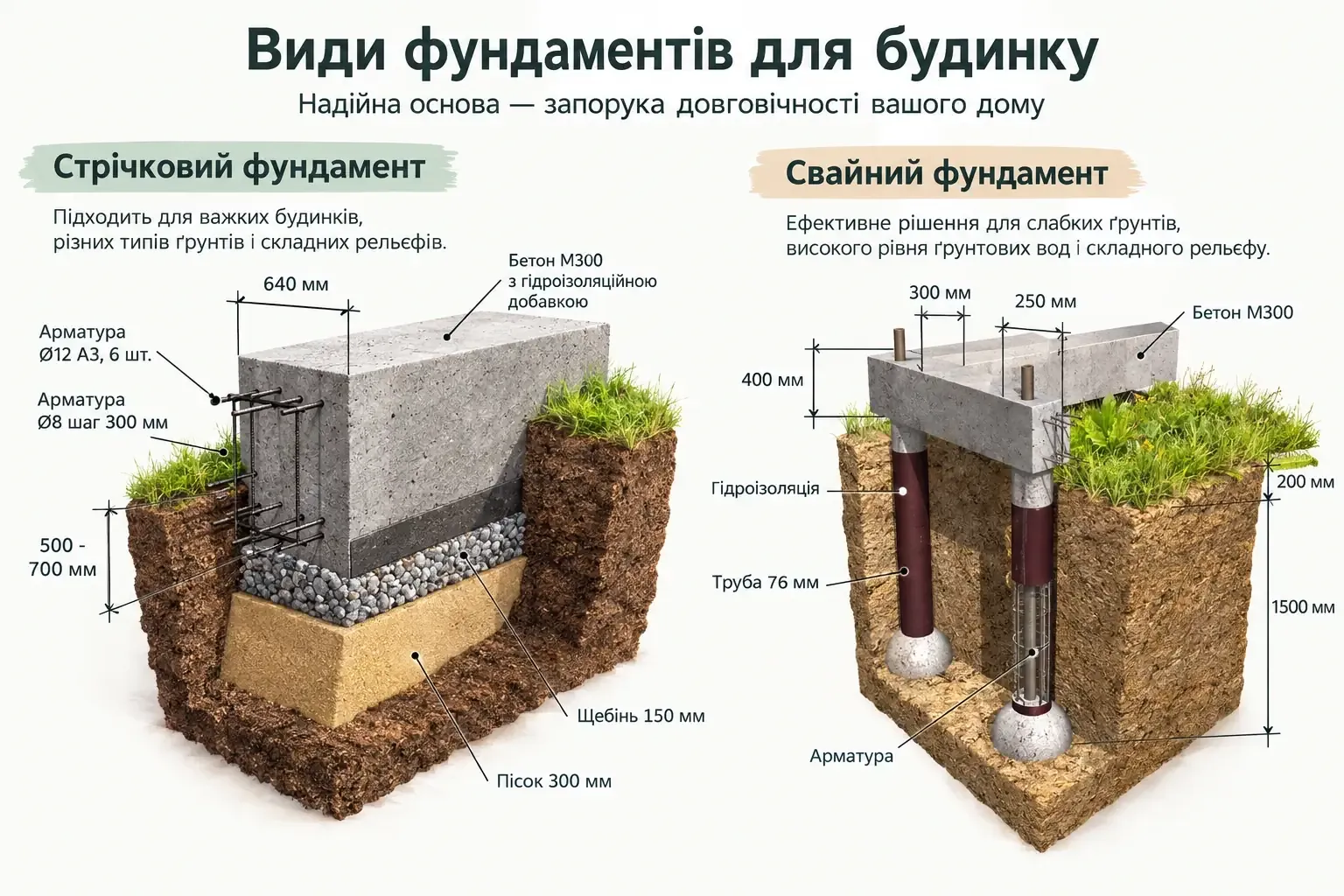 Стрічковий і пальовий фундаменти: розріз із шарами основи, арматурою та гідроізоляцією