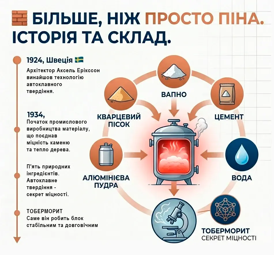Історія газоблока й склад: пісок, вапно, цемент, вода й алюмінієва пудра, автоклав, мінерал тоберморит