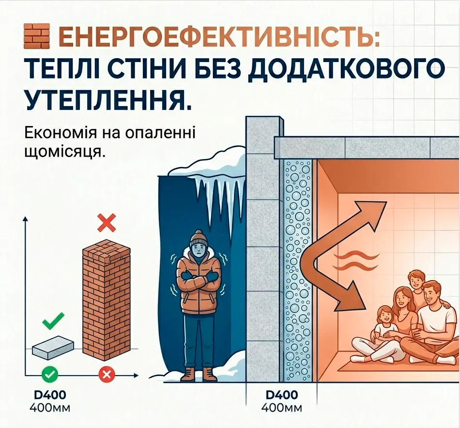 Енергоефективність: стіна з газоблока D400 товщиною 400 мм зберігає тепло в будинку