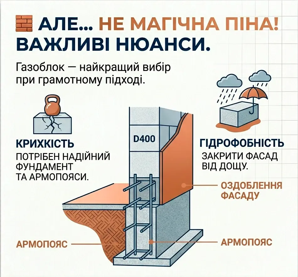 Слабкі місця газоблока: крихкість, потрібні фундамент і армопояс, гідрофобність, захист фасаду від дощу